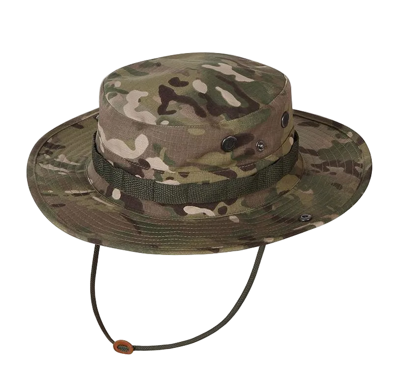 Camouflage bucket hat with chin strap on a white background