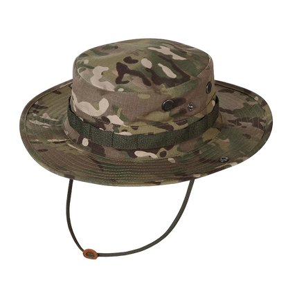 Camouflage bucket hat with chin strap on a white background