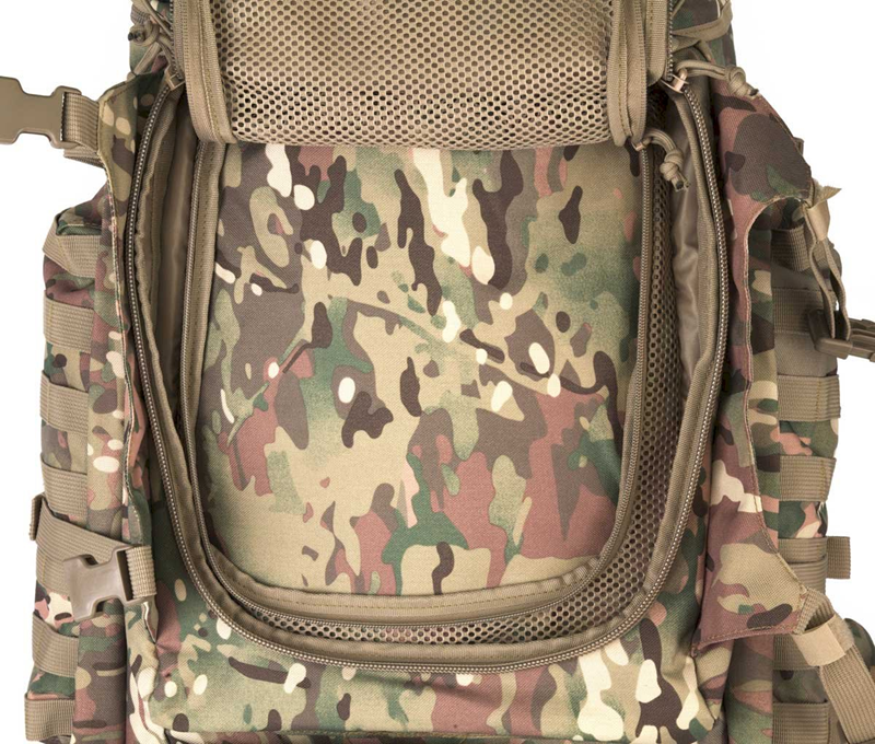 Camouflage backpack with multiple compartments and straps on a white background