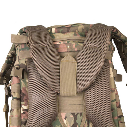 Camouflage backpack with tactical straps on a white background