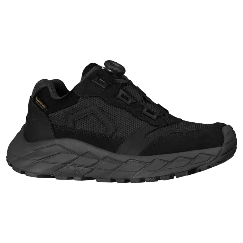 A black low-top athletic shoe with a textured mesh and suede upper, featuring a dark gray chunky sole and a small gold 'GORE-TEX' text on the heel.