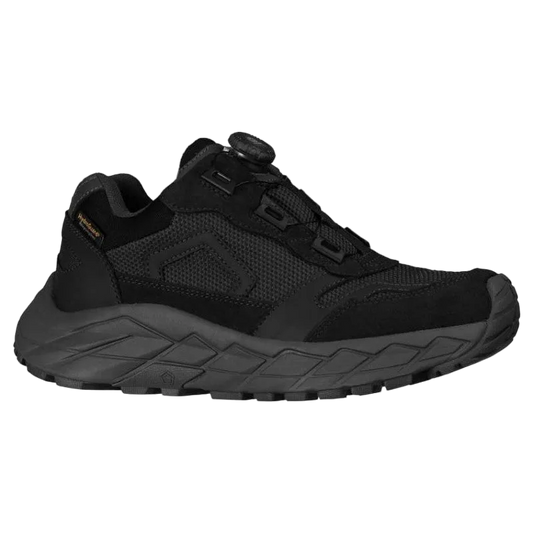 A black low-top athletic shoe with a textured mesh and suede upper, featuring a dark gray chunky sole and a small gold 'GORE-TEX' text on the heel.
