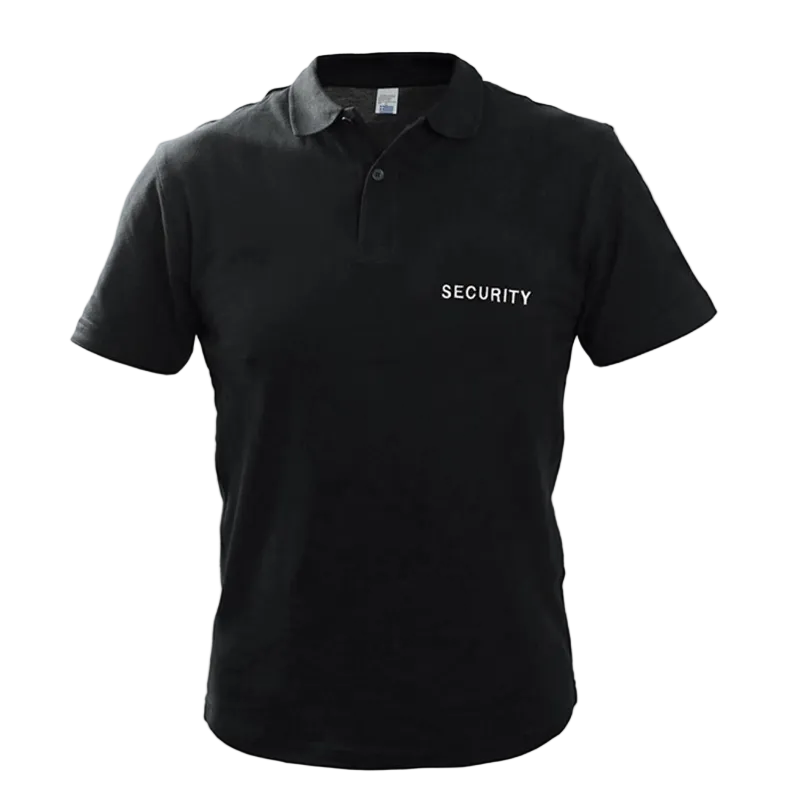 A black short-sleeve polo shirt with 'SECURITY' printed in white capital letters on the left chest, displayed on a clean white background.