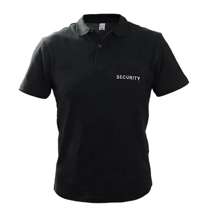 A black short-sleeve polo shirt with 'SECURITY' printed in white capital letters on the left chest, displayed on a clean white background.