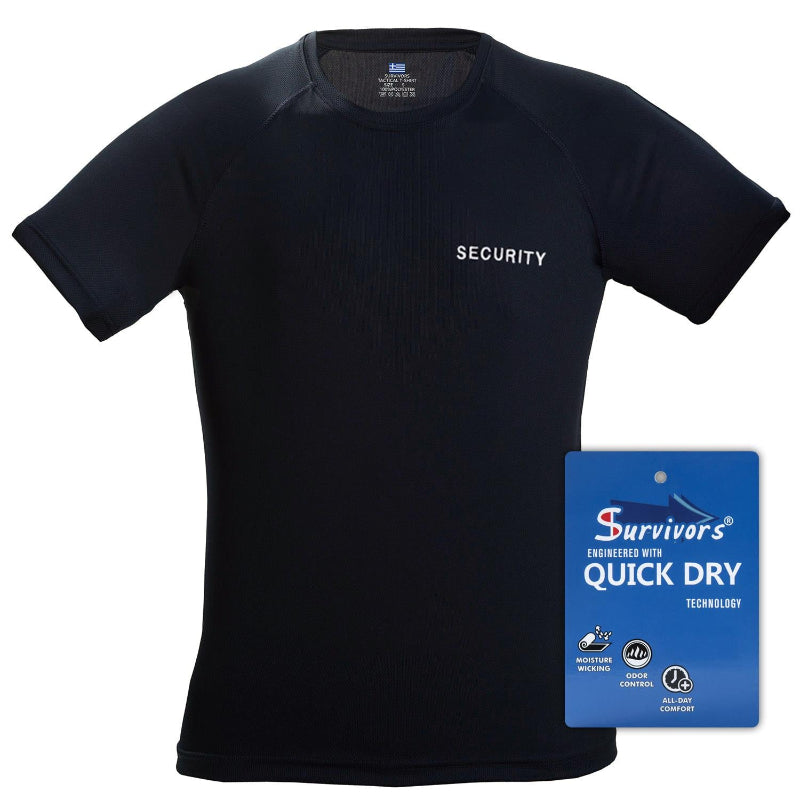 A black short-sleeve athletic t-shirt with 'SECURITY' printed in white on the left chest, shown alongside its blue Survivor brand Quick Dry tag on a white background.