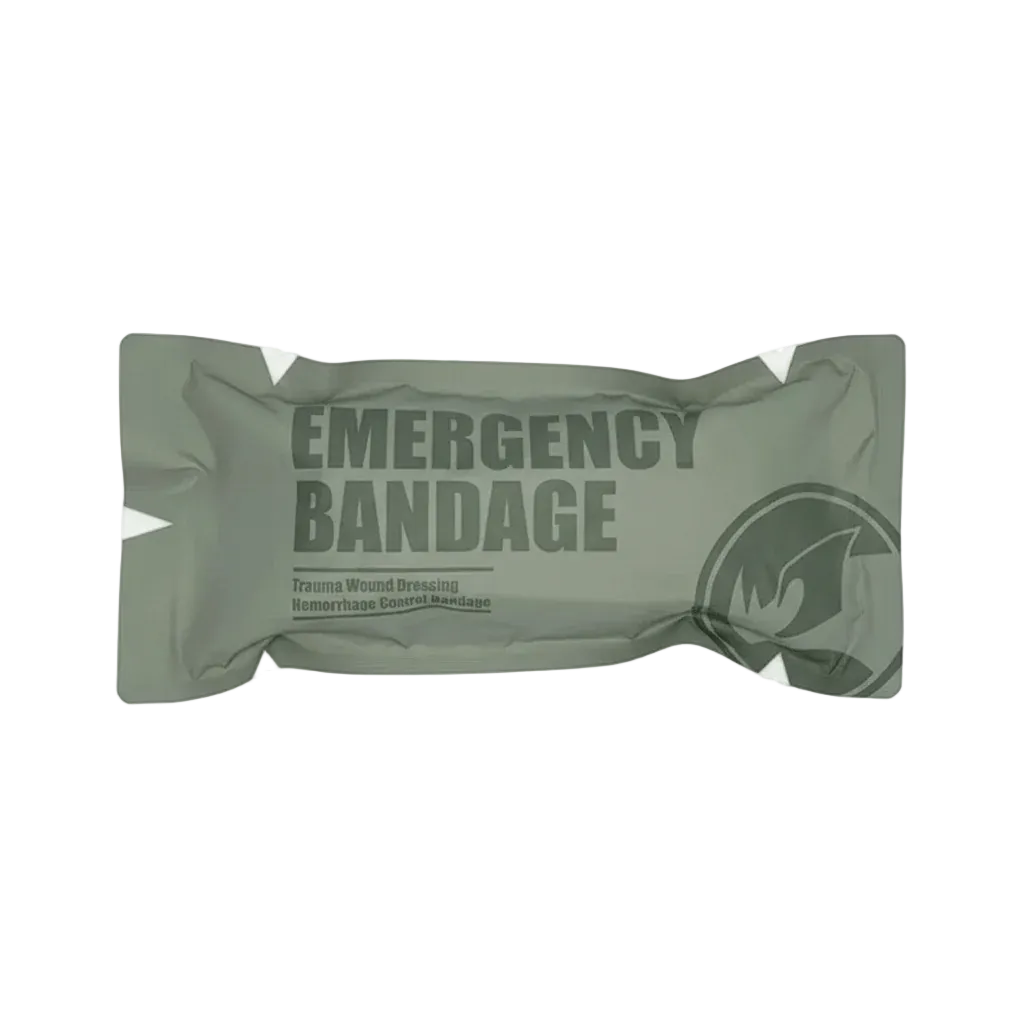 Green emergency bandage package on a white background