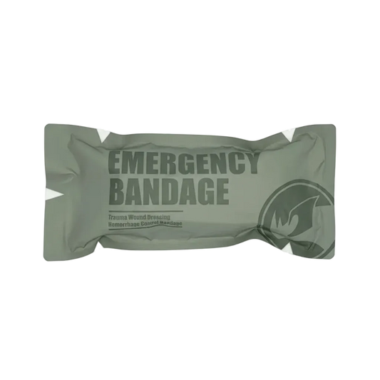 Green emergency bandage package on a white background