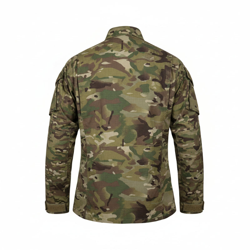 Person wearing a camouflage jacket in a store with tactical gear on display.