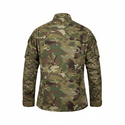 Person wearing a camouflage jacket in a store with tactical gear on display.