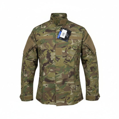 Person wearing a camouflage jacket in a store setting with various items on shelves.
