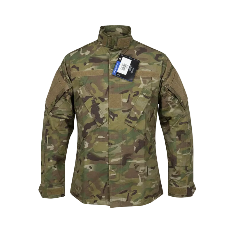 Camouflage jacket with a tag on a white background