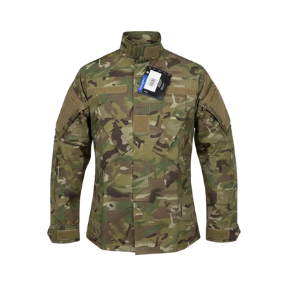 Camouflage jacket with a tag on a white background
