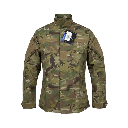 Camouflage jacket with a tag on a white background
