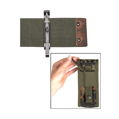 An olive green tactical belt with a metal quick-release buckle and a brown leather patch, shown alongside an inset image demonstrating a hand fastening the belt.