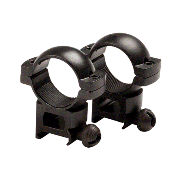 Black rifle scope rings on a white background