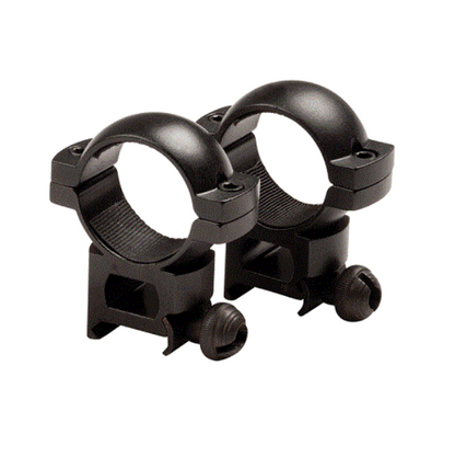 Black rifle scope rings on a white background