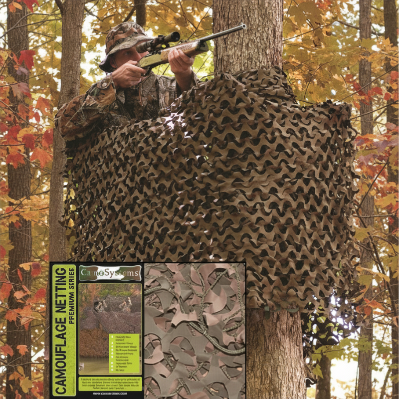 Person in camouflage netting using a rifle with additional camouflage netting images displayed.