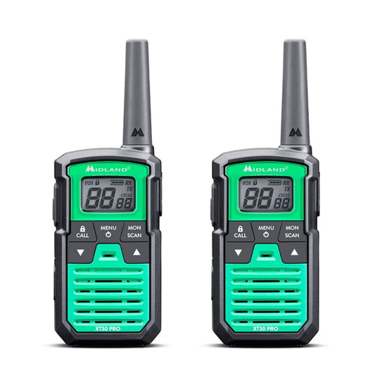Two walkie talkies with green screens and black bodies on a white background