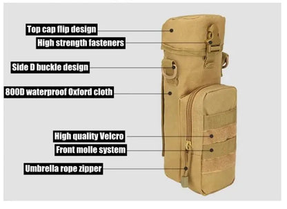 Molle Water Bottle PouchFeatures:* Made by high density nylon material* Able to attach to any molle webbing vest, bag, backpack or duty belt.  * Zipper opening for the main pouch, able to sNSO Gear