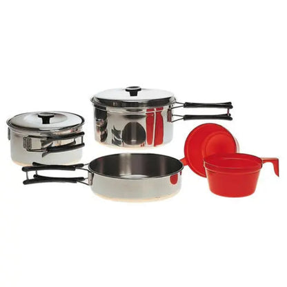 MIL-TEC Riad dining STAINLESS STEEL for 2 personsRiad dining STAINLESS STEEL for 2 persons
Dining set for two

Dishes: Stainless Steel
Cup: Polyethylene
Weight: ca. 670 g
– 1 pan with grip
– 2 pots with top
– 2 plaNSO Gear